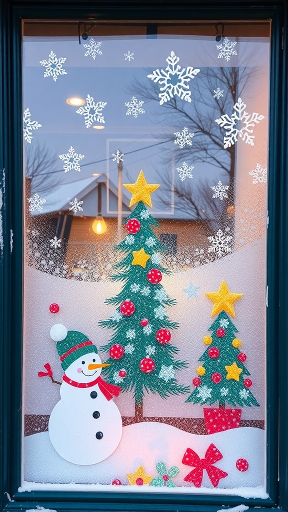 Festive Window Painting Ideas for Christmas A window adorned with colorful Christmas paintings including a snowman and Christmas tree.
